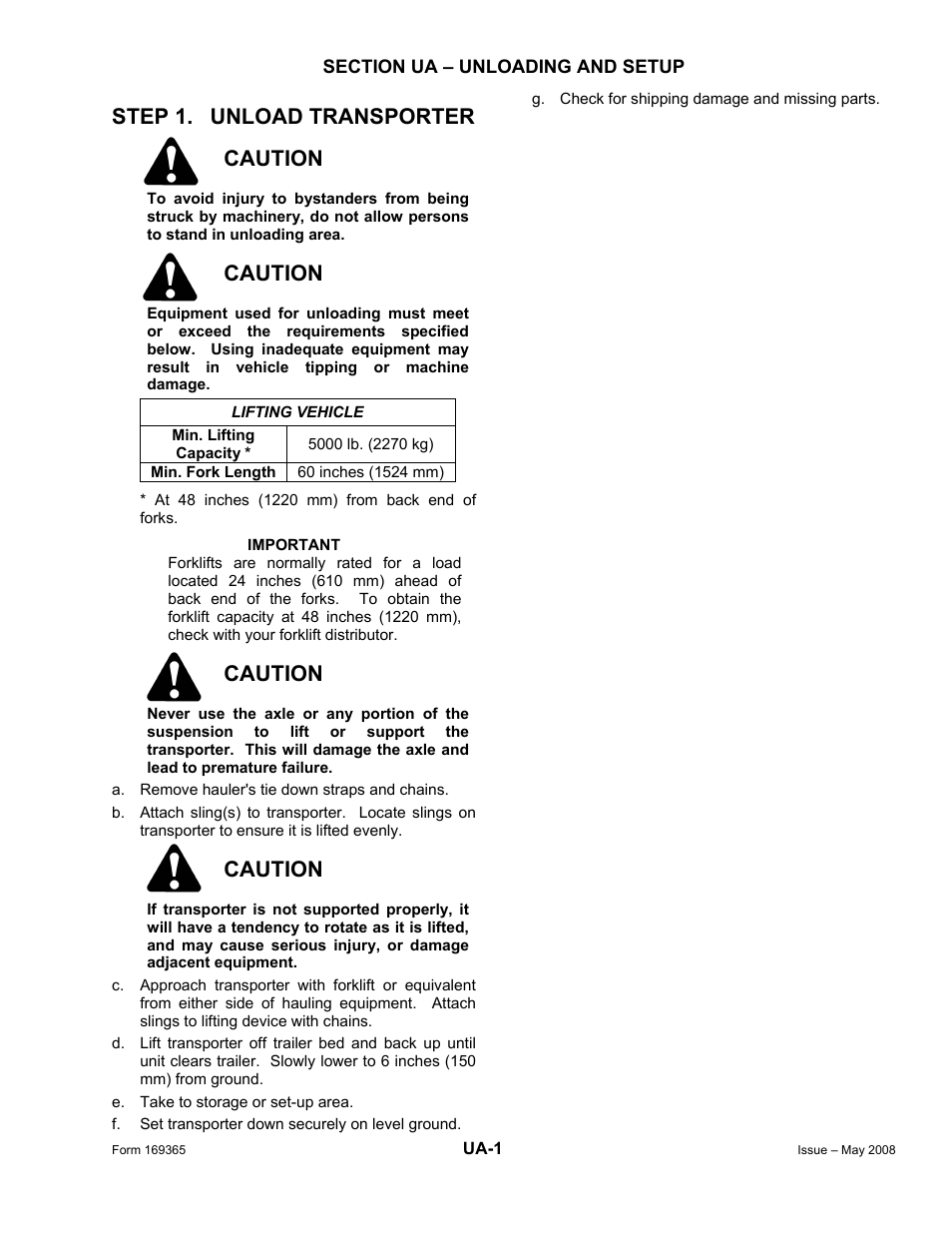 Step 1. unload transporter caution, Caution | MacDon Double Windrow Attachment User Manual | Page 15 / 65