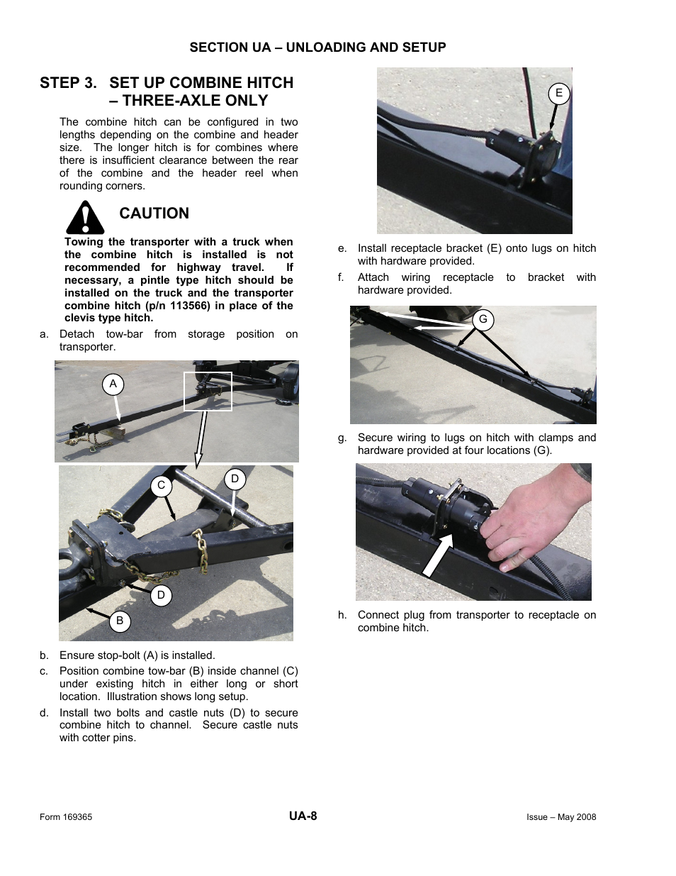 Step 3. set up combine hitch – three-axle only, Caution | MacDon Double Windrow Attachment User Manual | Page 22 / 65