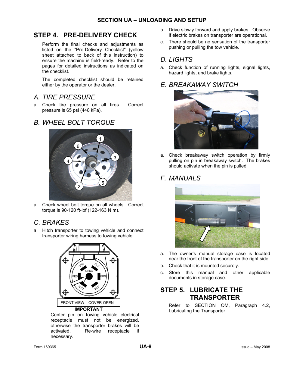 Step 4. pre-delivery check, A. tire pressure, B. wheel bolt torque | C. brakes, D. lights, E. breakaway switch, F. manuals, Step 5. lubricate the transporter | MacDon Double Windrow Attachment User Manual | Page 23 / 65