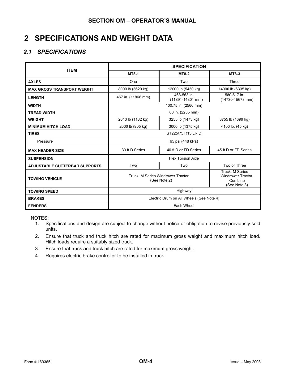2 specifications and weight data, 1 specifications, Om-4 | MacDon Double Windrow Attachment User Manual | Page 28 / 65