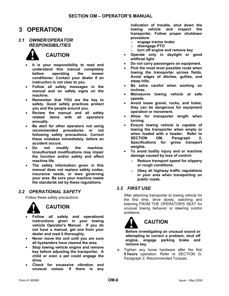 3 operation, Caution | MacDon Double Windrow Attachment User Manual | Page 30 / 65