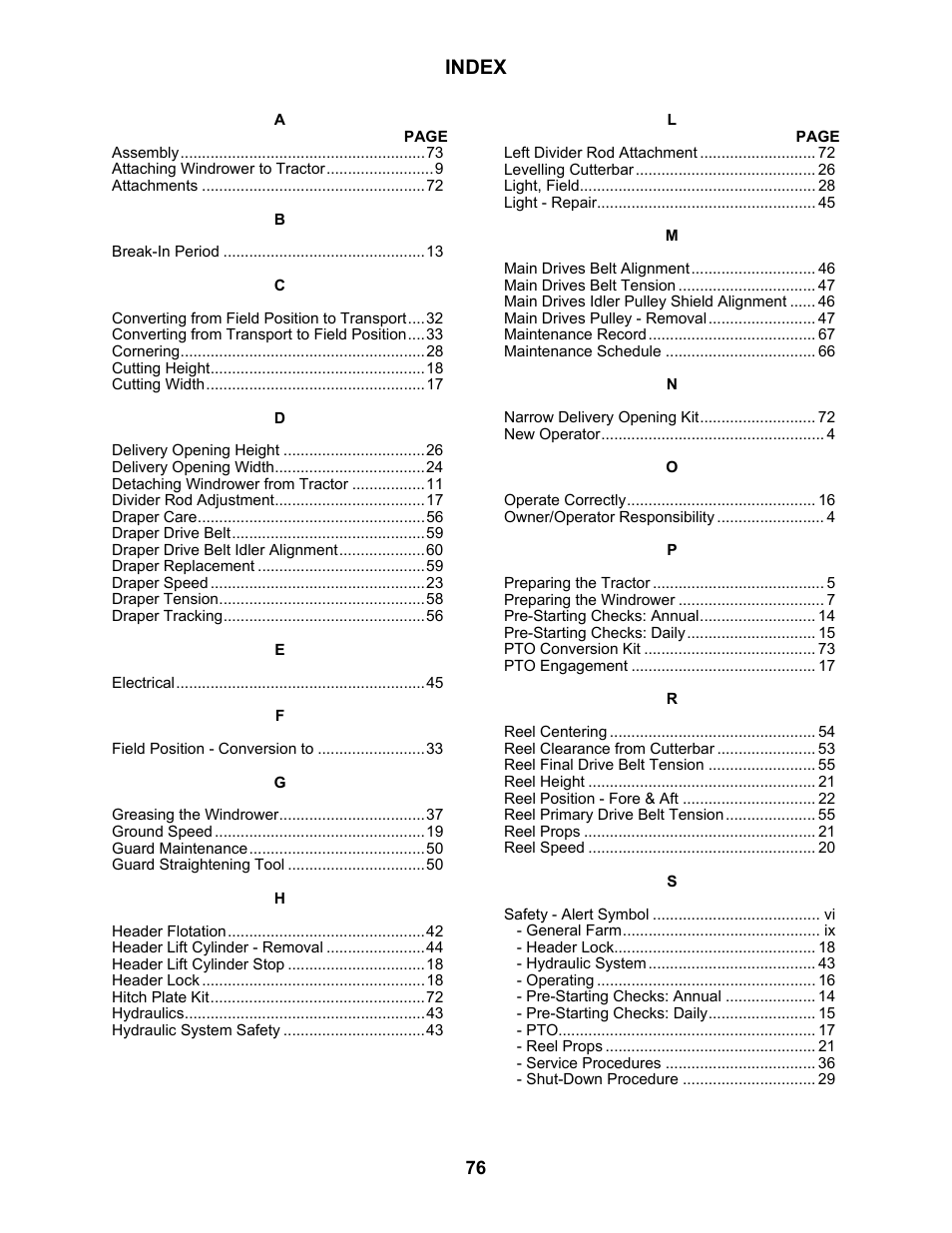 Index | MacDon 3020 Pull-Type Windrower User Manual | Page 87 / 89