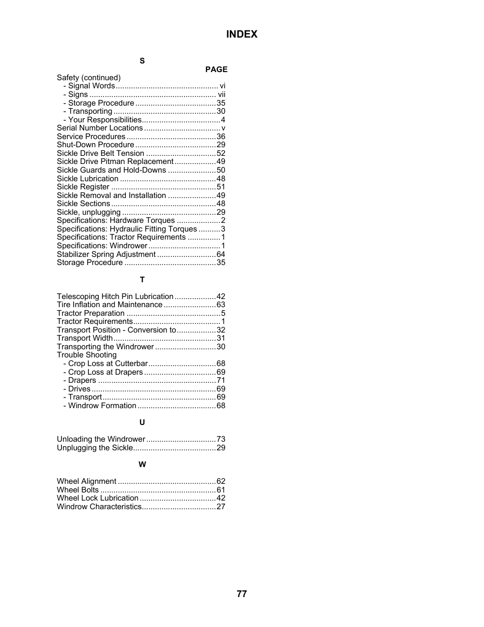 Index | MacDon 3020 Pull-Type Windrower User Manual | Page 88 / 89