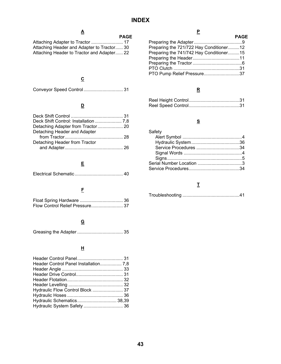Index | MacDon 802 Bi-Directional Adapter User Manual | Page 44 / 44