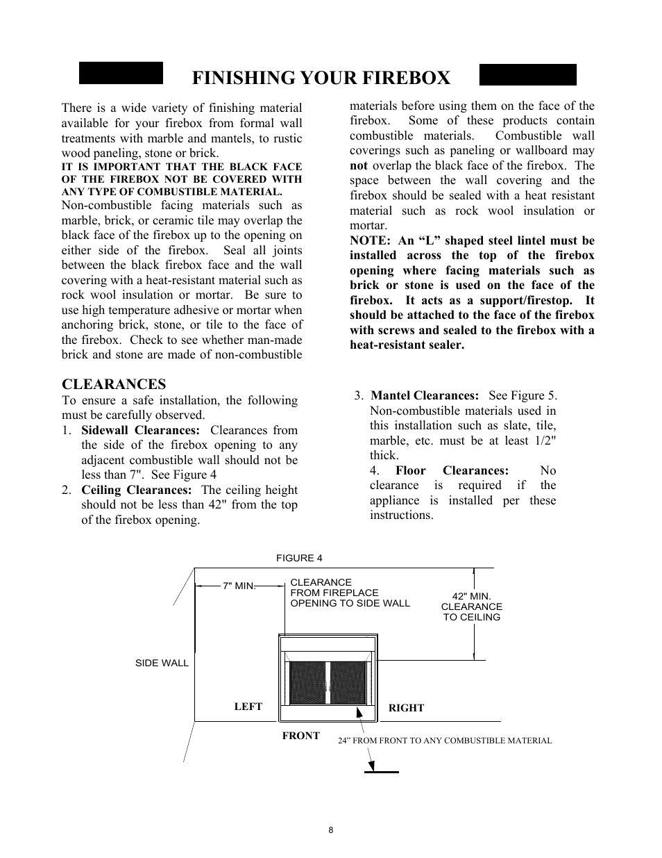 Finishing your firebox, Clearances | New Buck Corporation 42ZCBB User Manual | Page 10 / 22