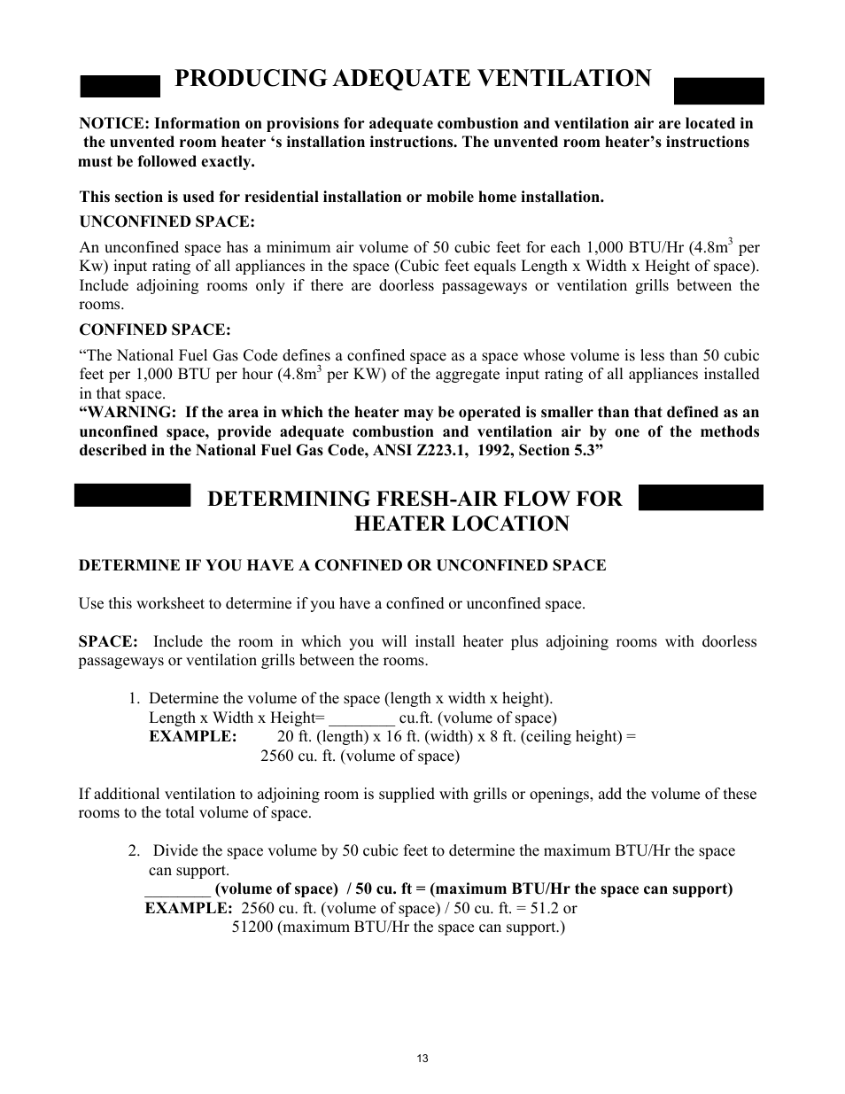 Producing adequate ventilation, Determining fresh-air flow for heater location | New Buck Corporation 42ZCBB User Manual | Page 15 / 22