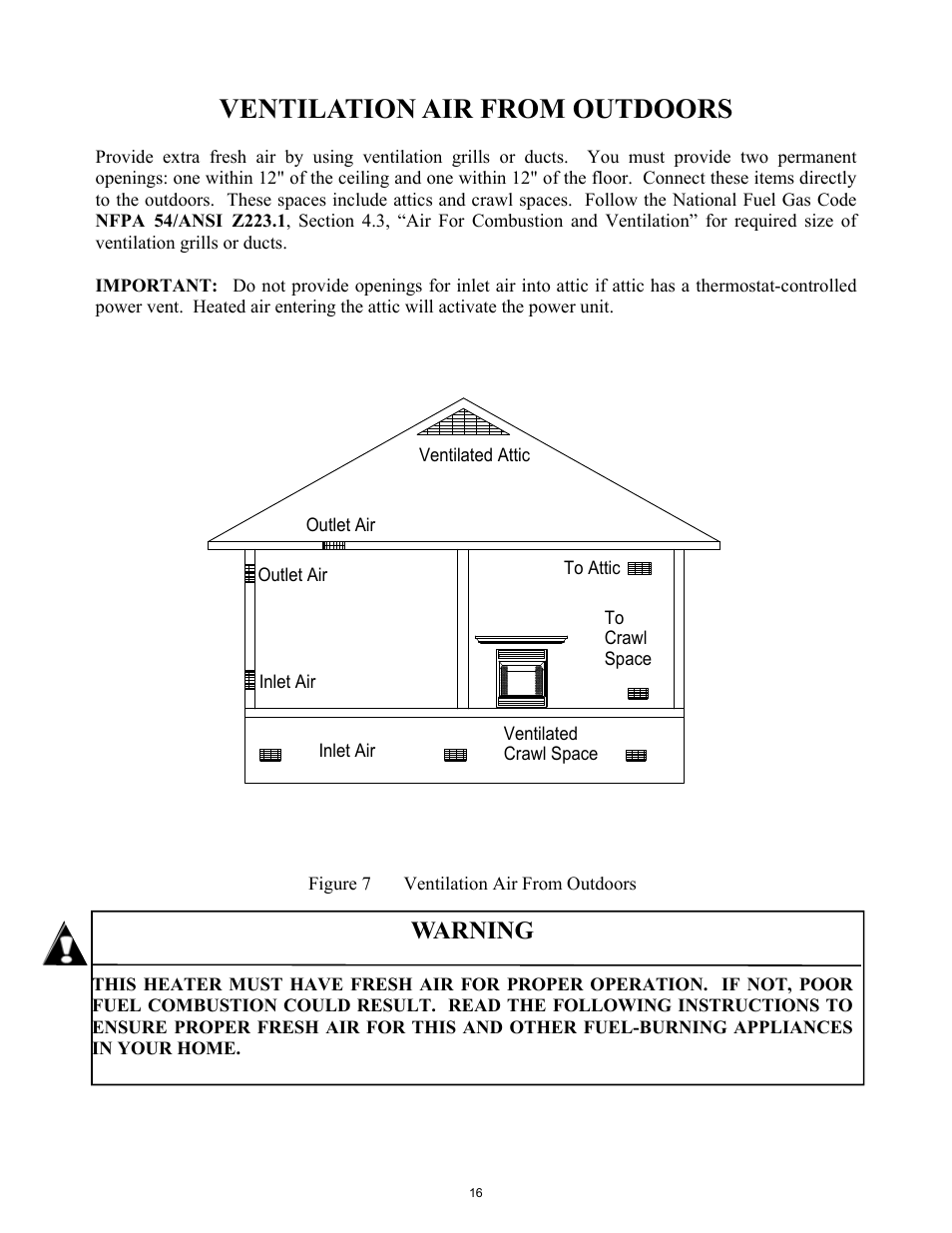 Ventilation air from outdoors, Warning | New Buck Corporation 42ZCBB User Manual | Page 18 / 22