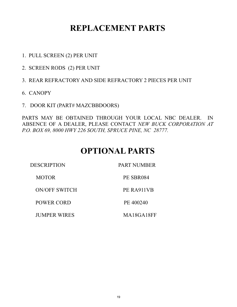 Replacement parts, Optional parts | New Buck Corporation 42ZCBB User Manual | Page 21 / 22