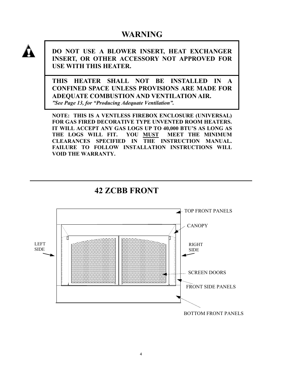 Warning, 42 zcbb front | New Buck Corporation 42ZCBB User Manual | Page 6 / 22