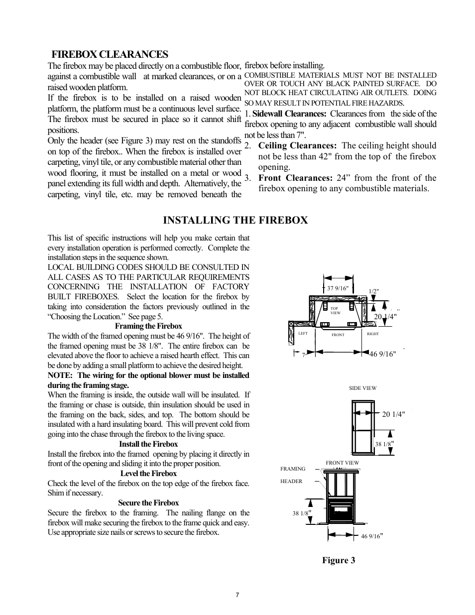 Firebox clearances, Installing the firebox, Figure 3 | New Buck Corporation 42ZCBB User Manual | Page 9 / 22