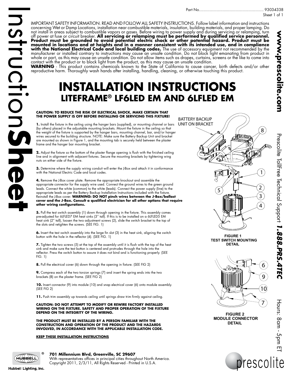 Prescolite 6LFLED EM User Manual | 1 page