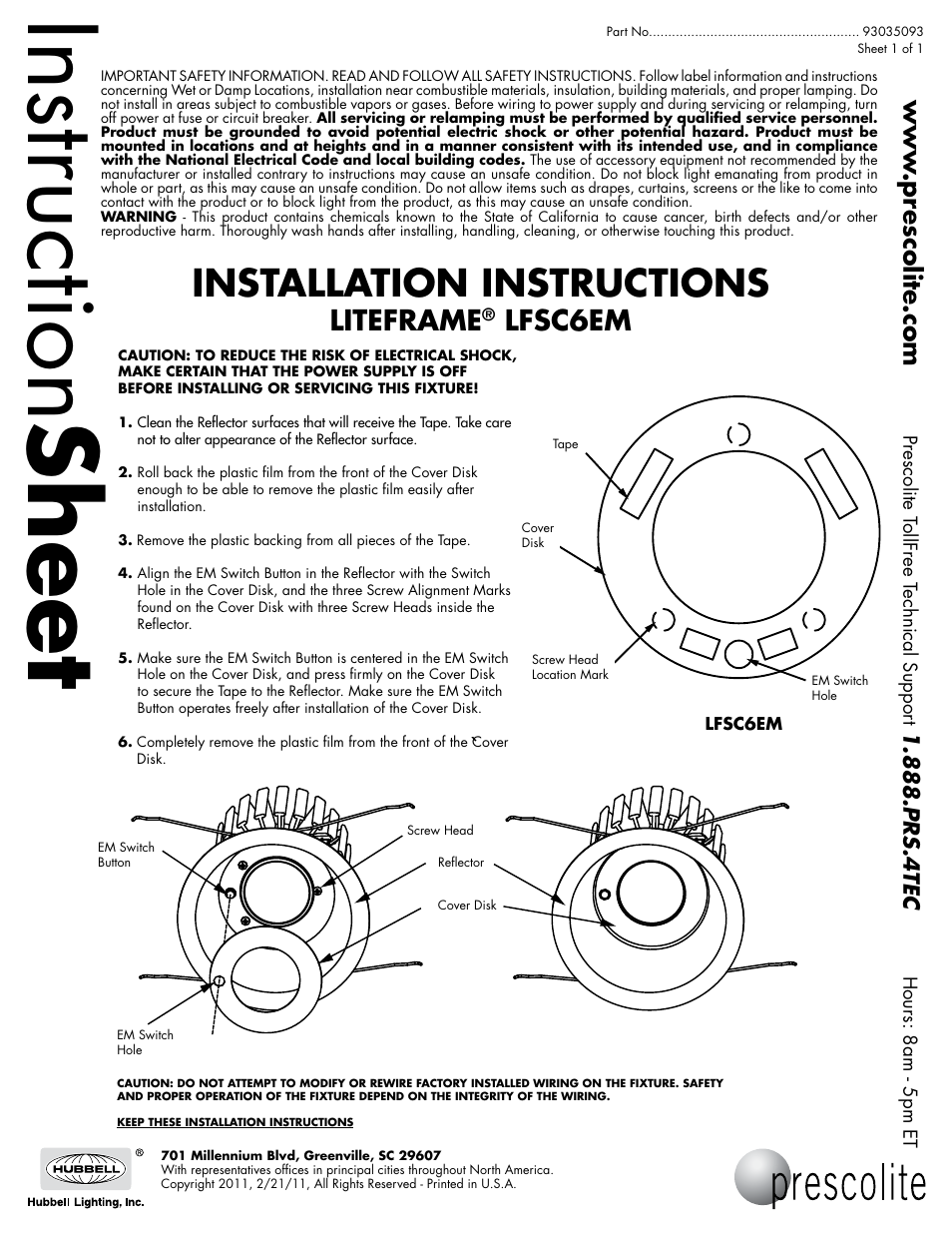 Prescolite LFSC6EM User Manual | 1 page