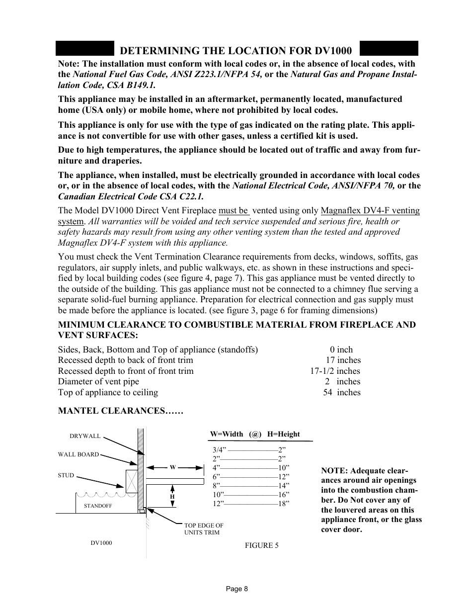 Determining the location for dv1000, Mantel clearances | New Buck Corporation DV1000 User Manual | Page 11 / 38