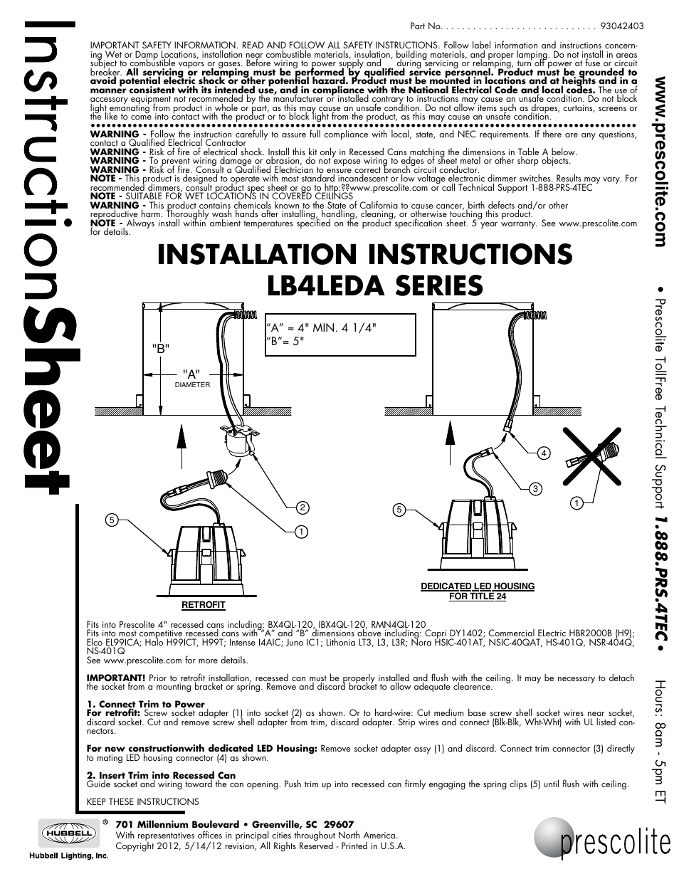 Prescolite LB4LEDA User Manual | 1 page