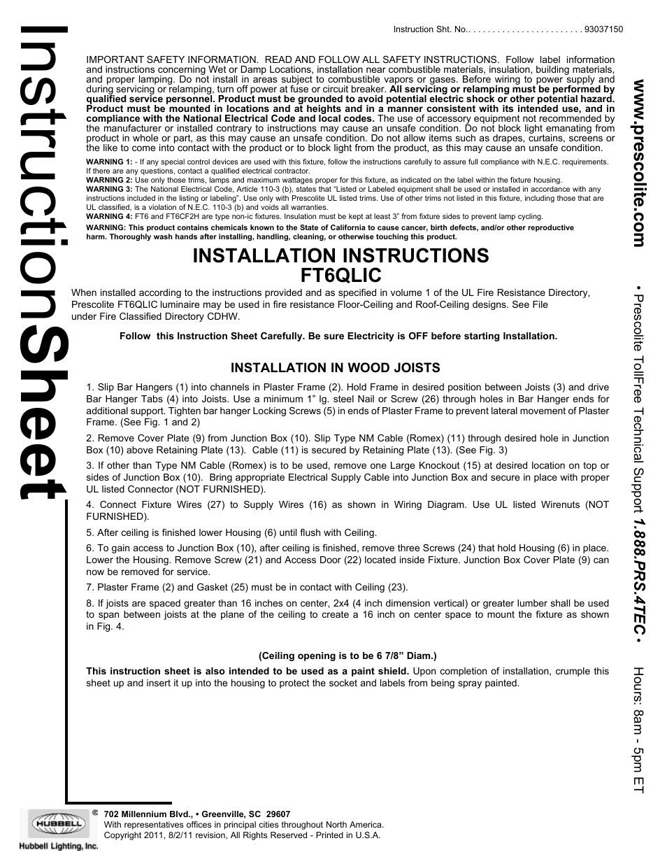 Prescolite FT6QLIC User Manual | 3 pages