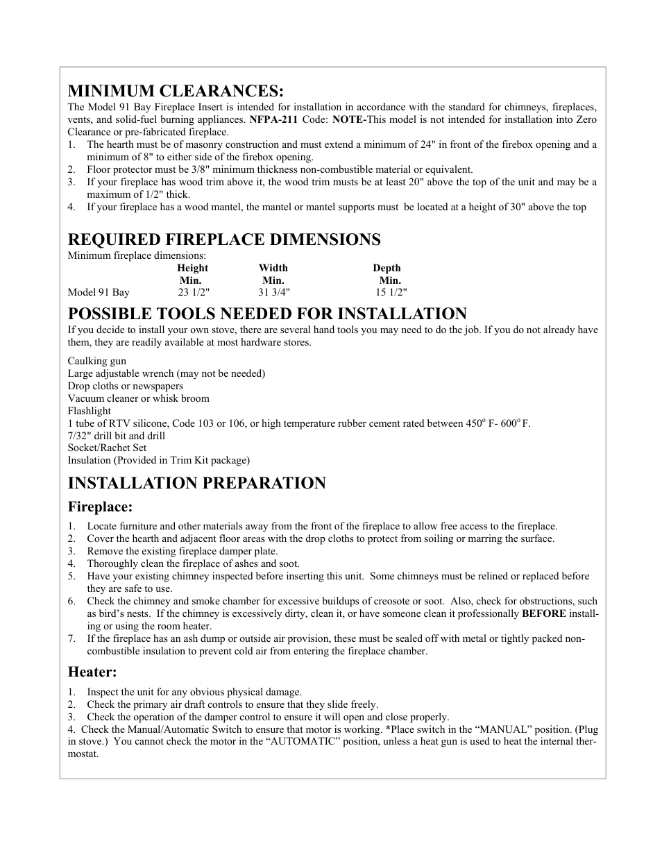 Required fireplace dimensions, Possible tools needed for installation, Installation preparation | Minimum clearances, Fireplace, Heater | New Buck Corporation 91 User Manual | Page 10 / 29