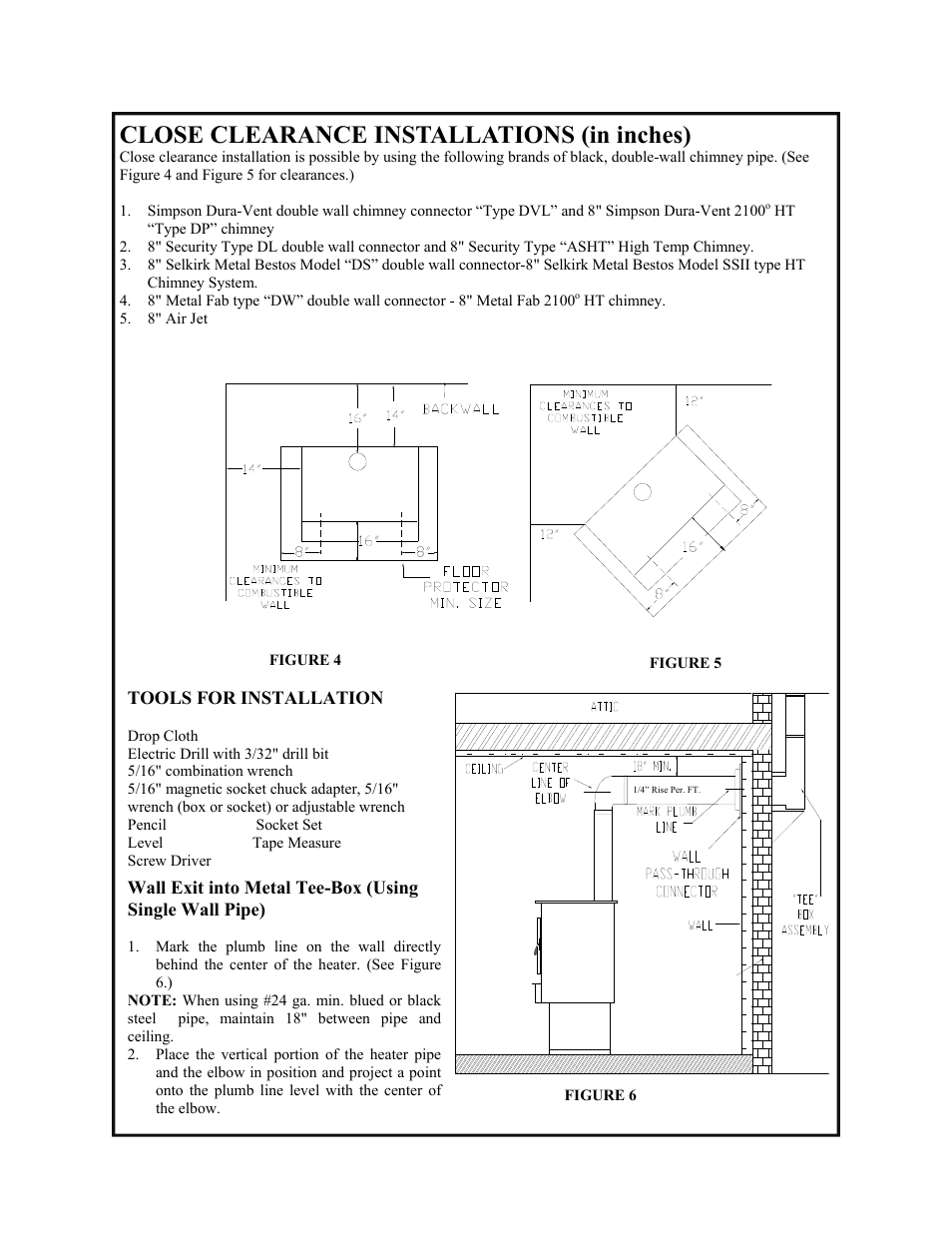 Close clearance installations (in inches) | New Buck Corporation 91 User Manual | Page 16 / 29