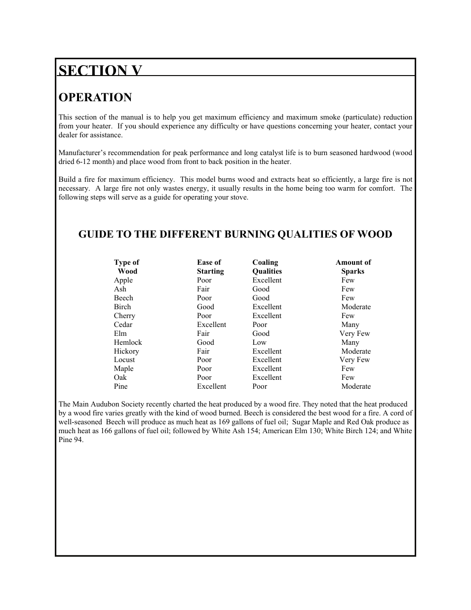 Operation, Guide to the different burning qualities of wood | New Buck Corporation 91 User Manual | Page 21 / 29