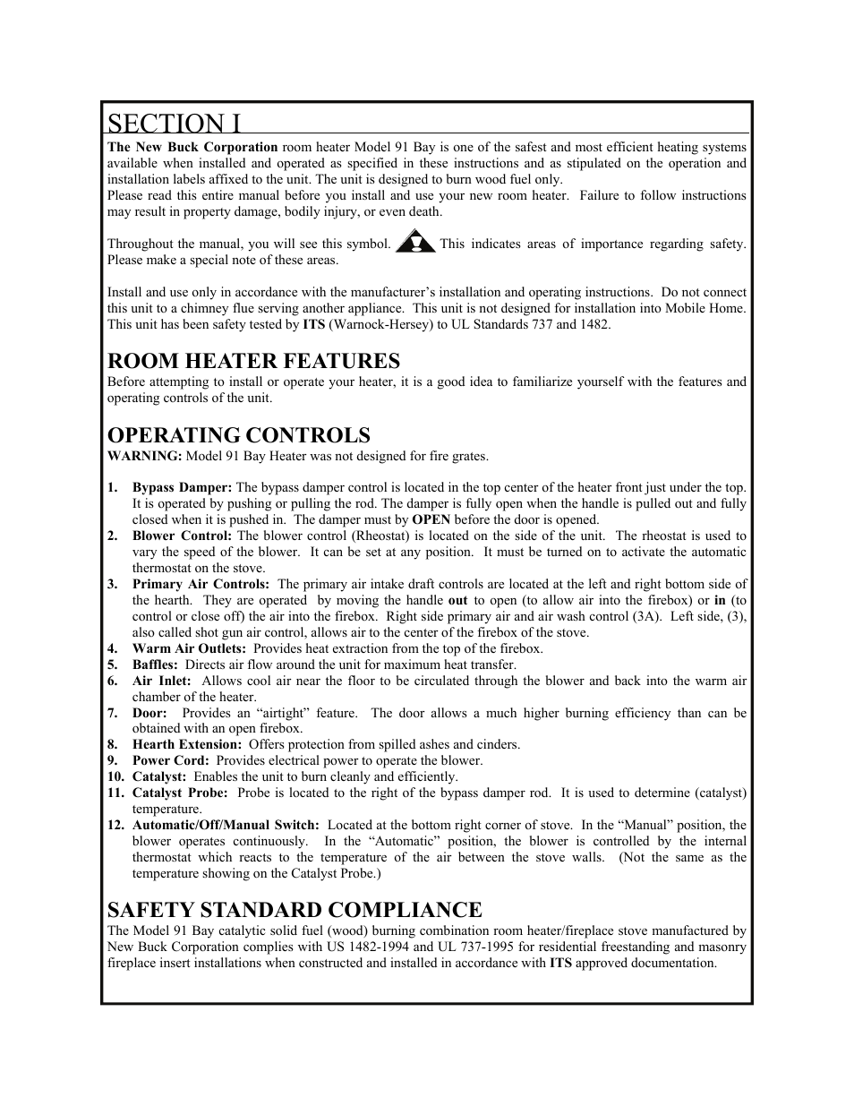 Room heater features, Operating controls, Safety standard compliance | New Buck Corporation 91 User Manual | Page 4 / 29