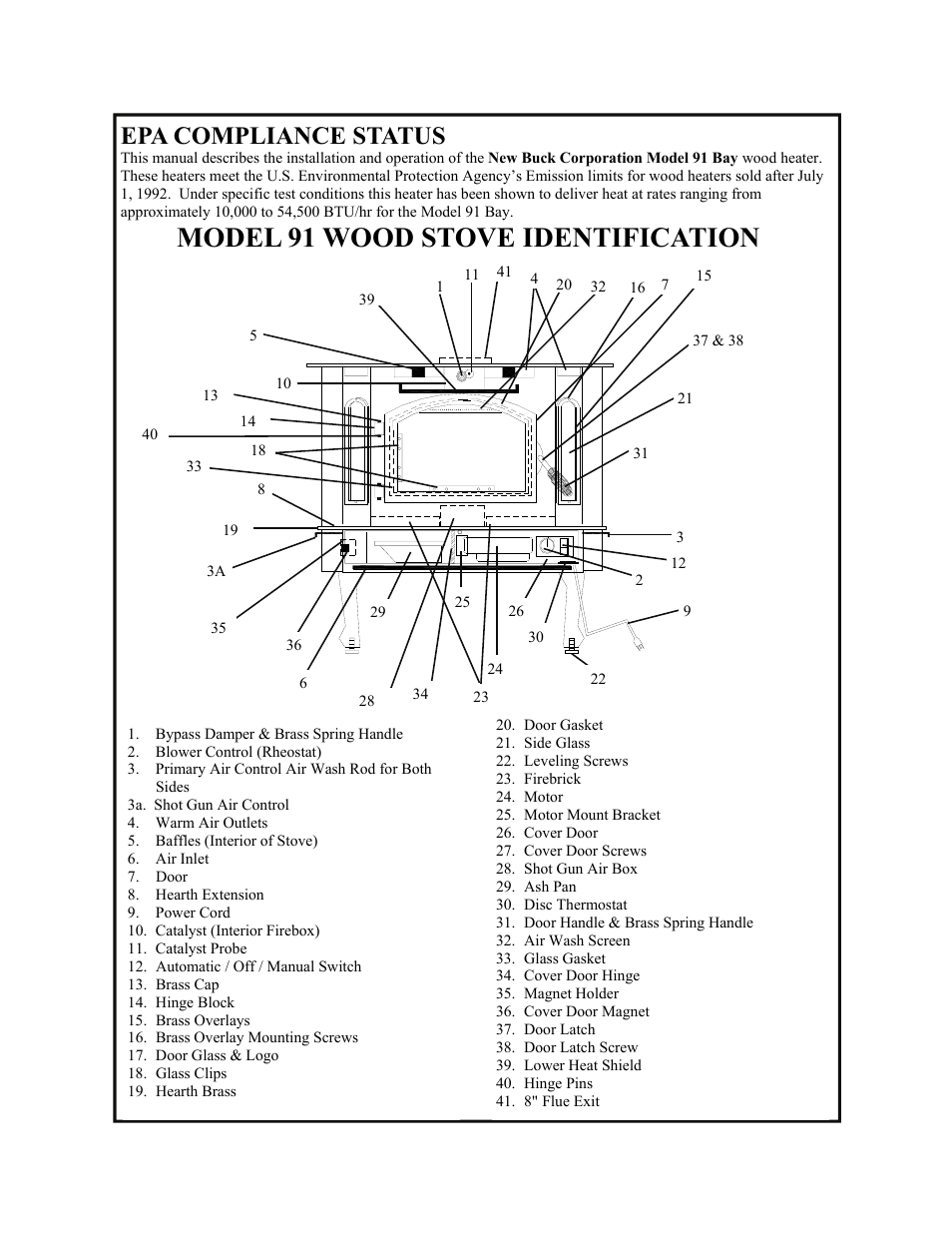 Model 91 wood stove identification, Epa compliance status | New Buck Corporation 91 User Manual | Page 5 / 29