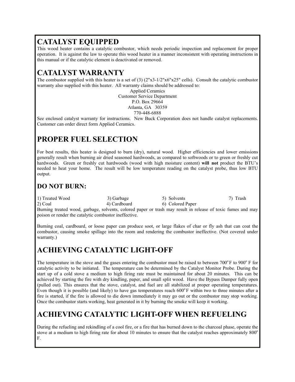 Catalyst equipped, Catalyst warranty, Proper fuel selection | Achieving catalytic light-off, Achieving catalytic light-off when refueling, Do not burn | New Buck Corporation 91 User Manual | Page 6 / 29