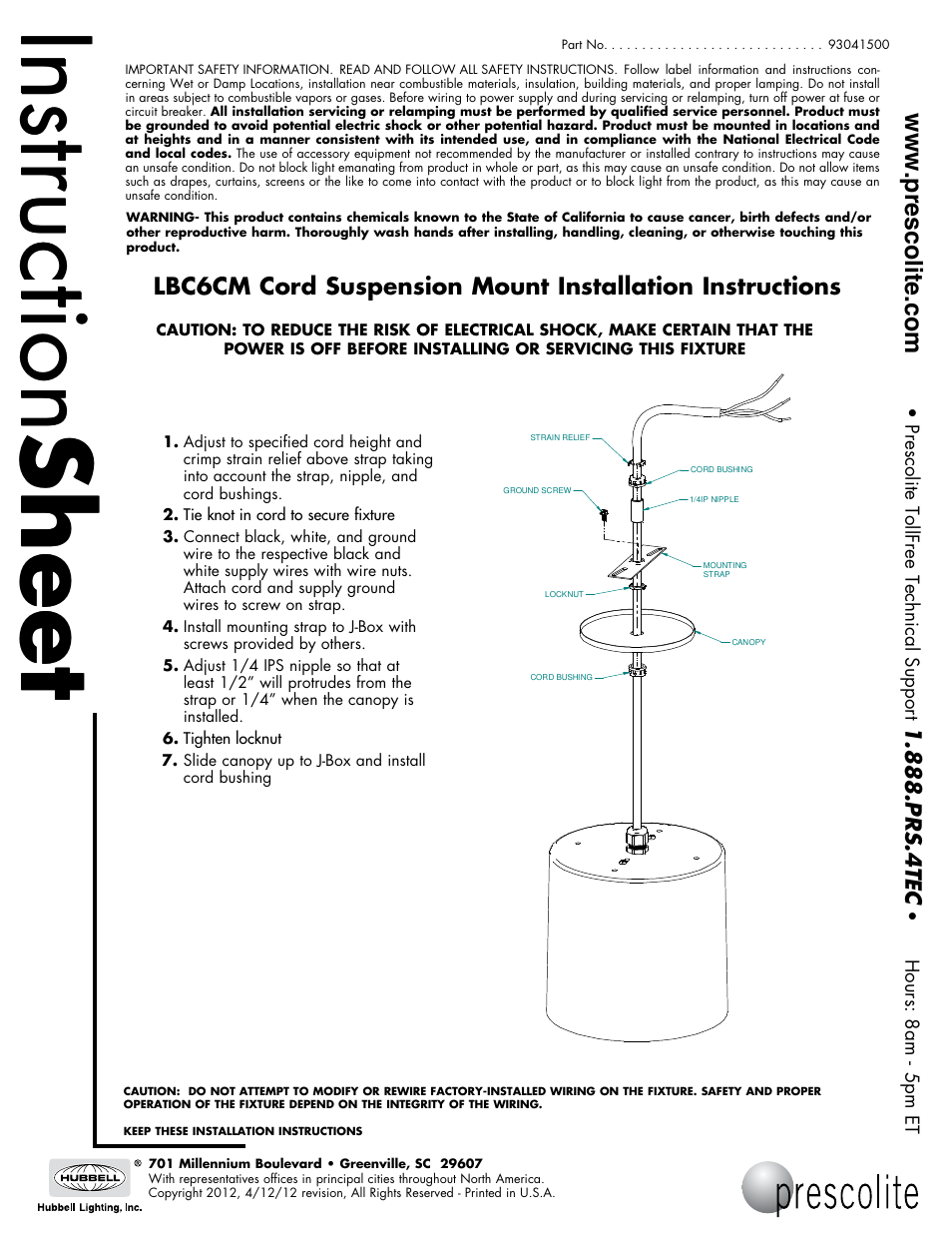 Prescolite LBC6CM Cord Suspension Mount User Manual | 1 page