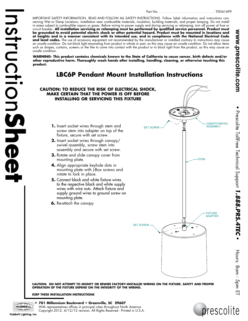 Prescolite LBC6P Pendant Mount User Manual | 1 page