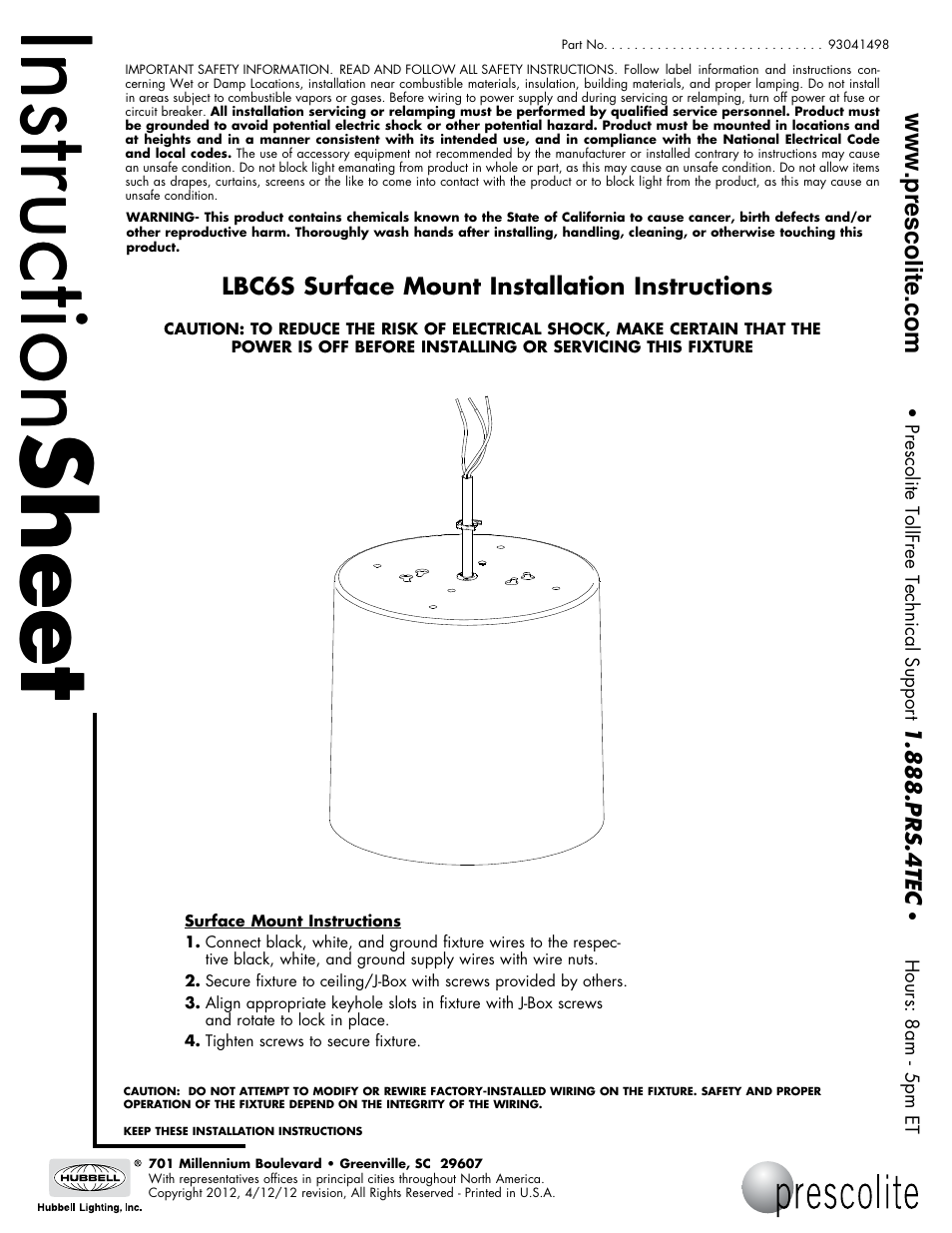 Prescolite LBC6S Surface Mount User Manual | 1 page