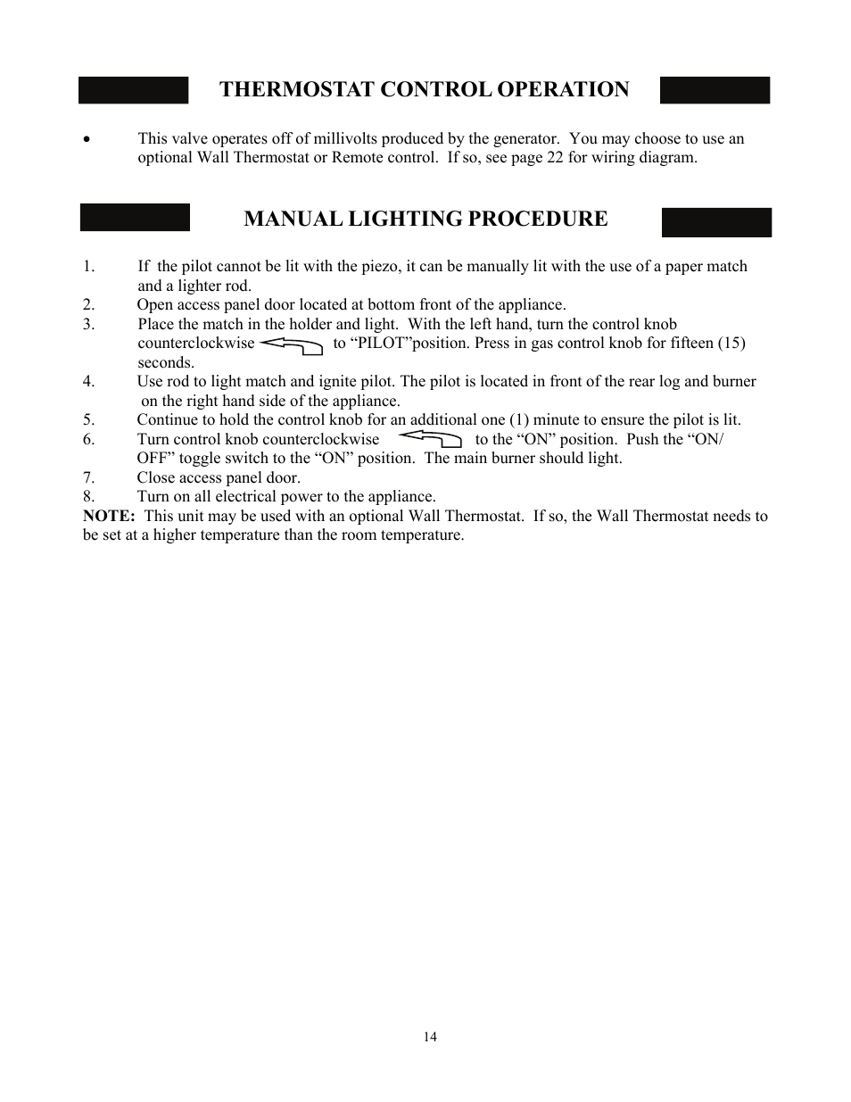 Thermostat control operation, Manual lighting procedure | New Buck Corporation 34 User Manual | Page 16 / 55