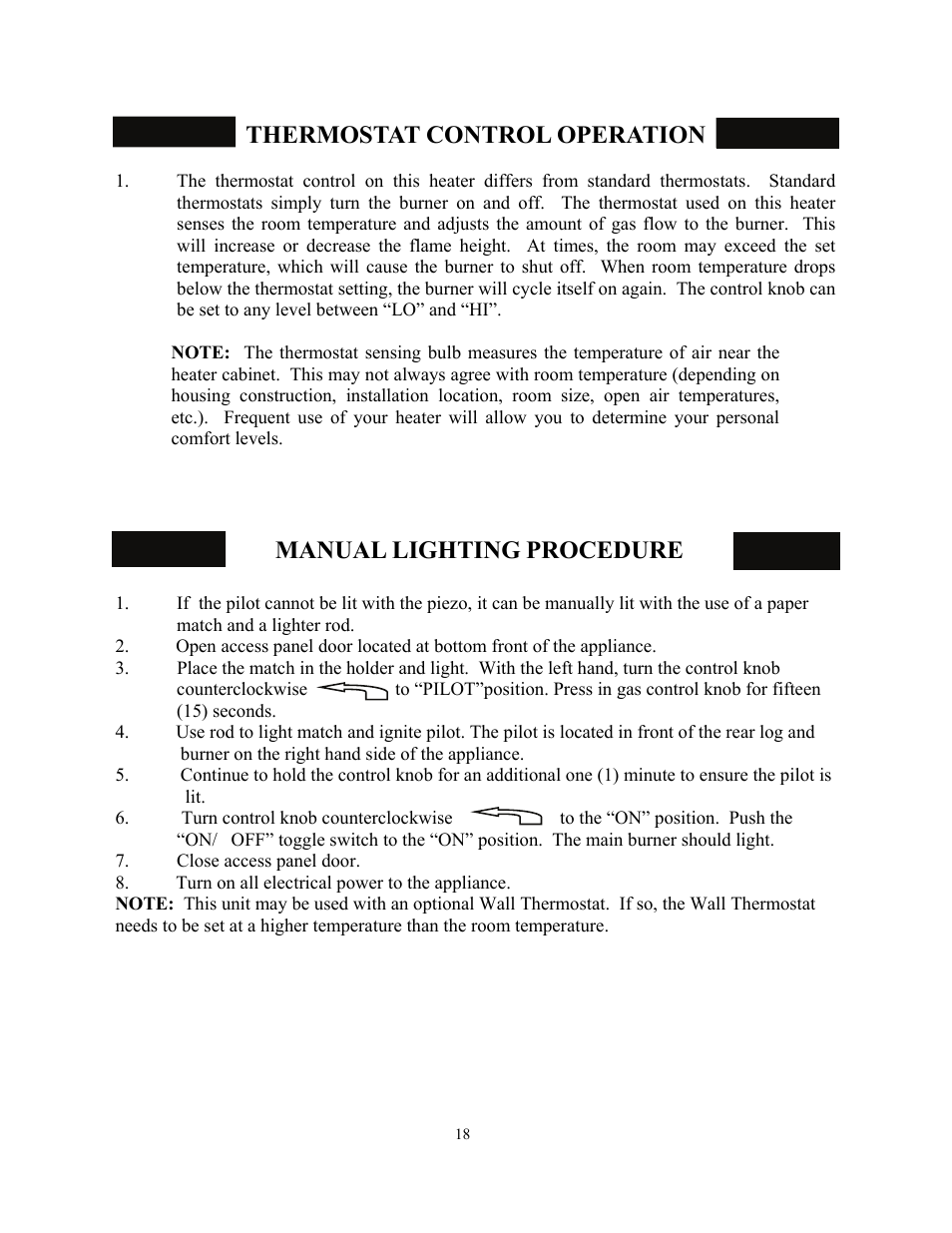 Thermostat control operation, Manual lighting procedure | New Buck Corporation 34 User Manual | Page 20 / 55