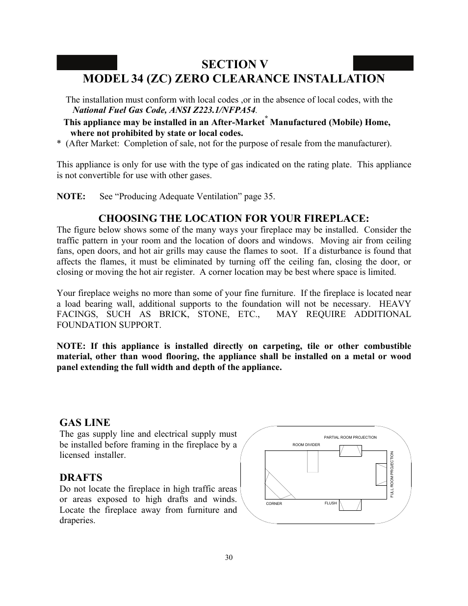 Choosing the location for your fireplace, Gas line, Drafts | New Buck Corporation 34 User Manual | Page 32 / 55