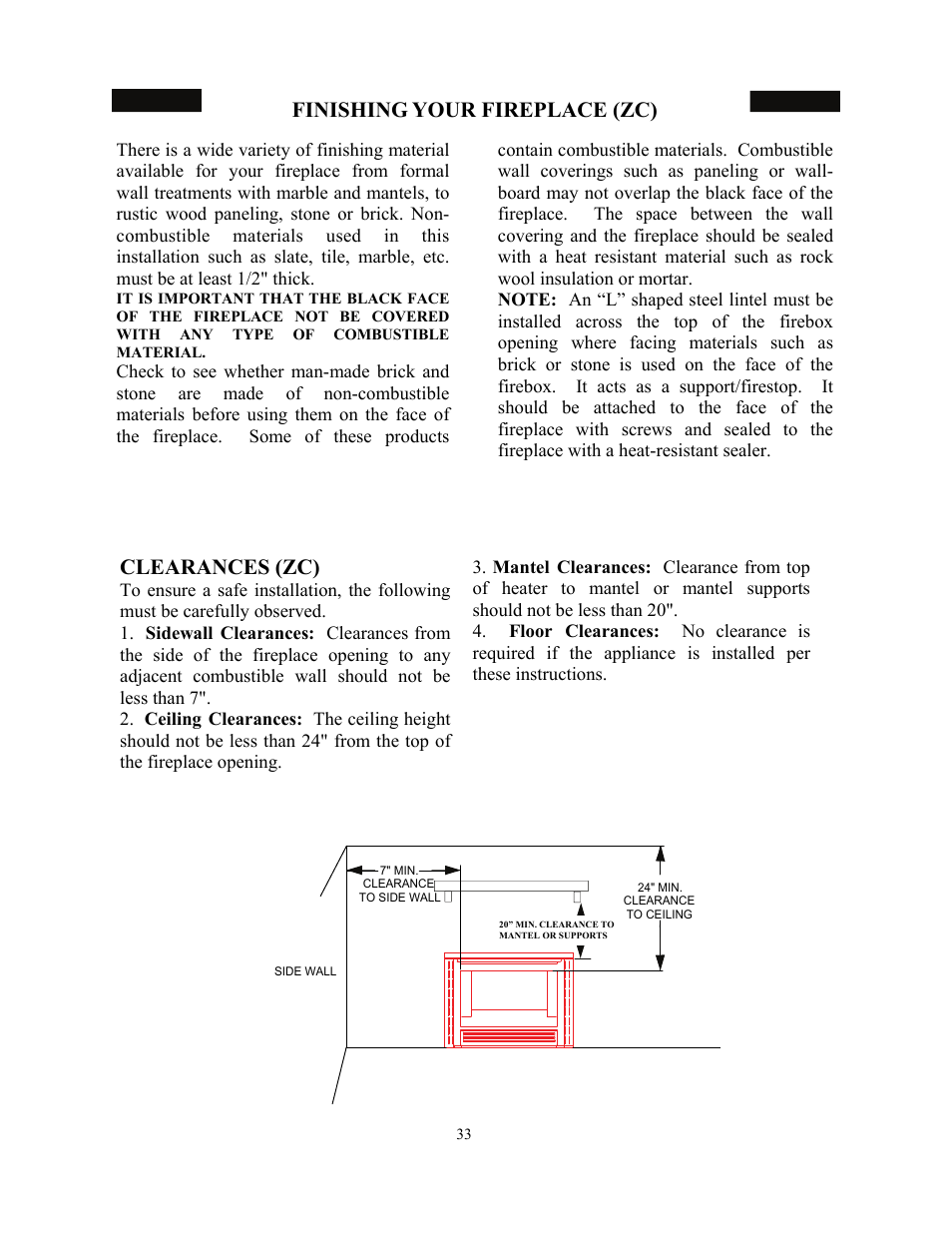 Finishing your fireplace (zc), Clearances (zc) | New Buck Corporation 34 User Manual | Page 35 / 55