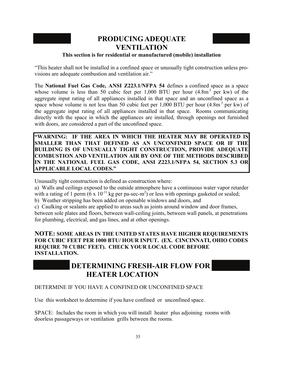 Producing adequate ventilation, Determining fresh-air flow for heater location | New Buck Corporation 34 User Manual | Page 37 / 55