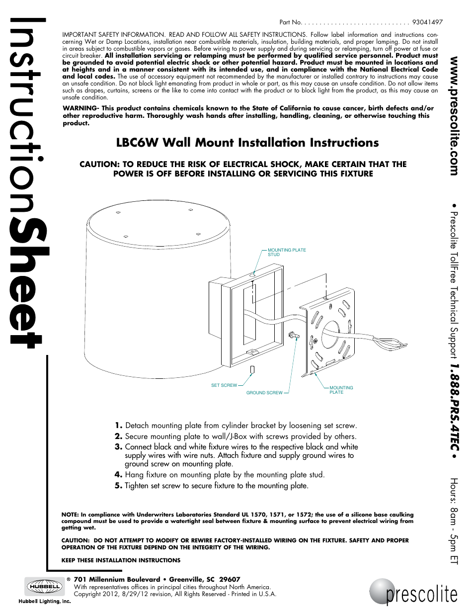 Prescolite LBC6W Wall Mount User Manual | 1 page