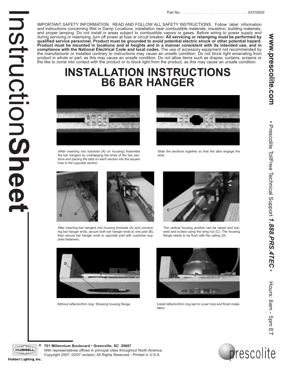 Prescolite B6 BAR HANGER User Manual | 1 page