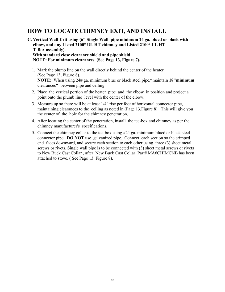 How to locate chimney exit, and install, With standard close clearance | New Buck Corporation 261 User Manual | Page 14 / 53