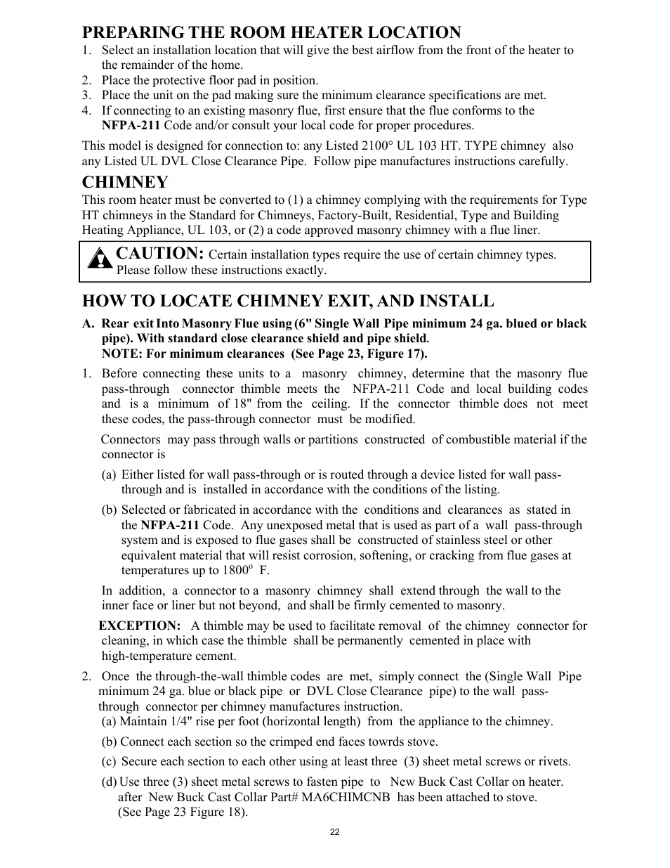 Preparing the room heater location, Chimney, Caution | How to locate chimney exit, and install | New Buck Corporation 261 User Manual | Page 24 / 53