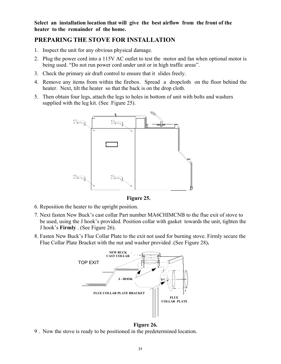 Preparing the stove for installation, Inspect the unit for any obvious physical damage, Reposition the heater to the upright position | New Buck Corporation 261 User Manual | Page 33 / 53