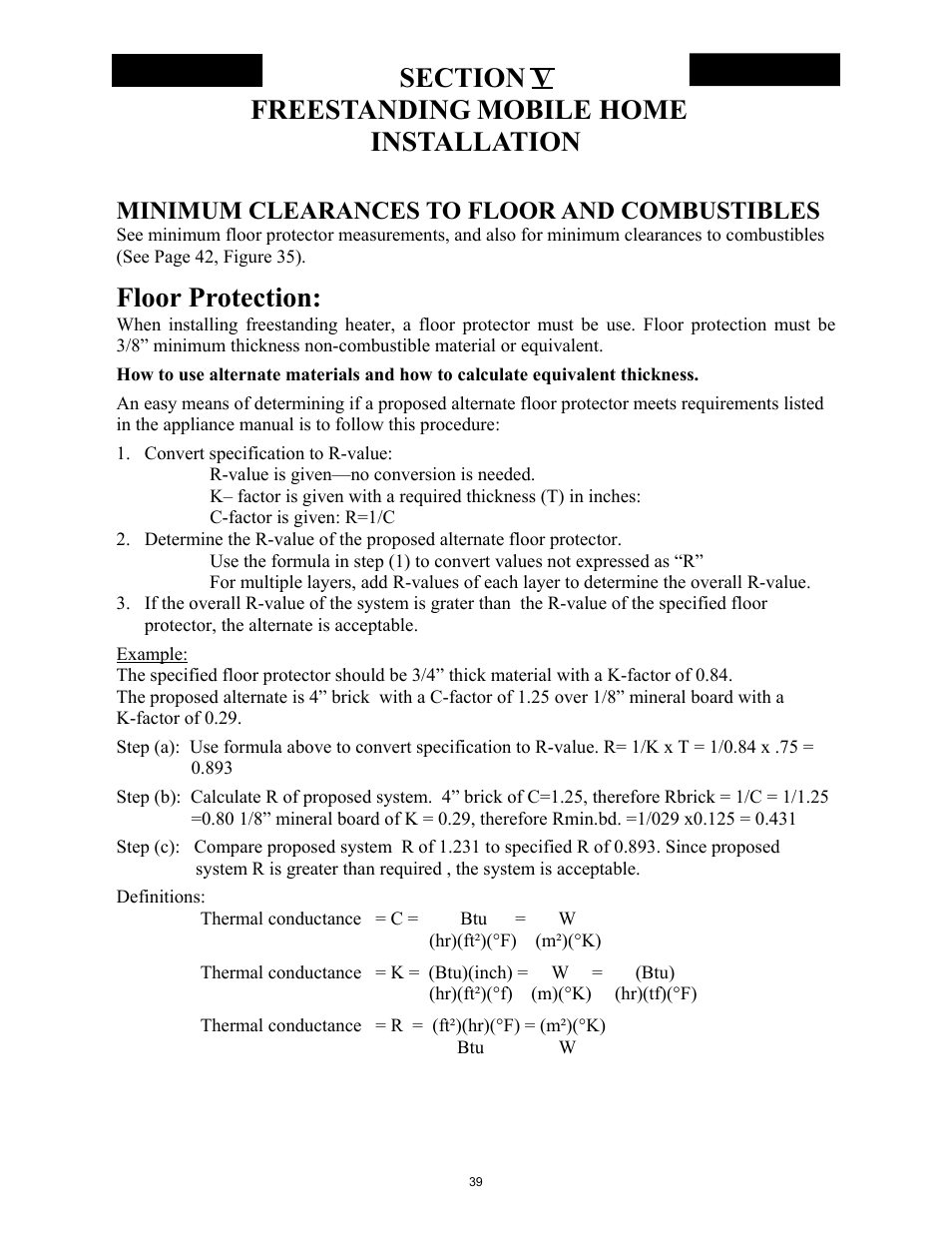 Floor protection, Minimum clearances to floor and combustibles | New Buck Corporation 261 User Manual | Page 41 / 53