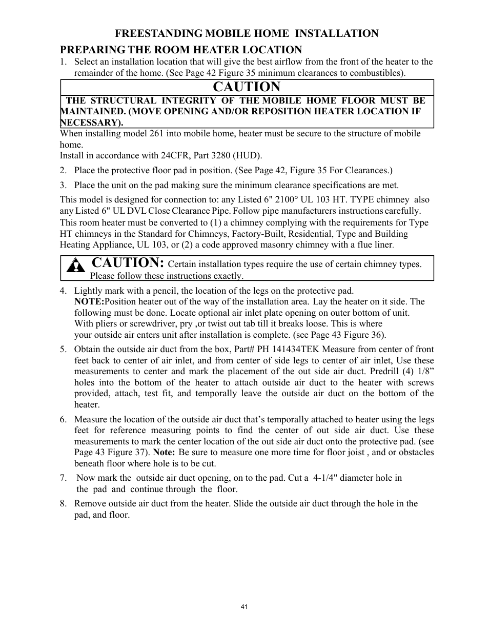 Caution, Freestanding mobile home installation, Preparing the room heater location | New Buck Corporation 261 User Manual | Page 43 / 53