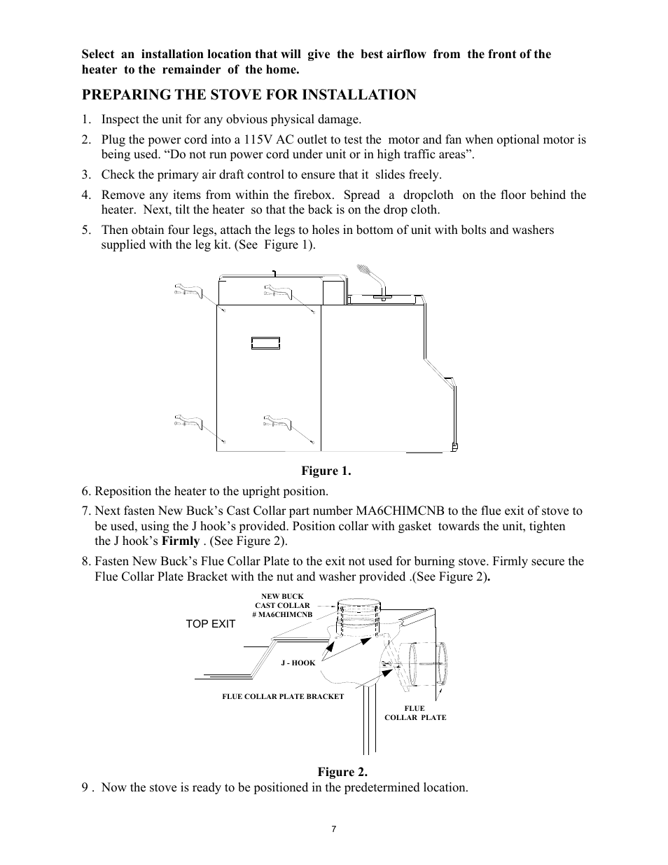 Preparing the stove for installation, Inspect the unit for any obvious physical damage, Reposition the heater to the upright position | New Buck Corporation 261 User Manual | Page 9 / 53