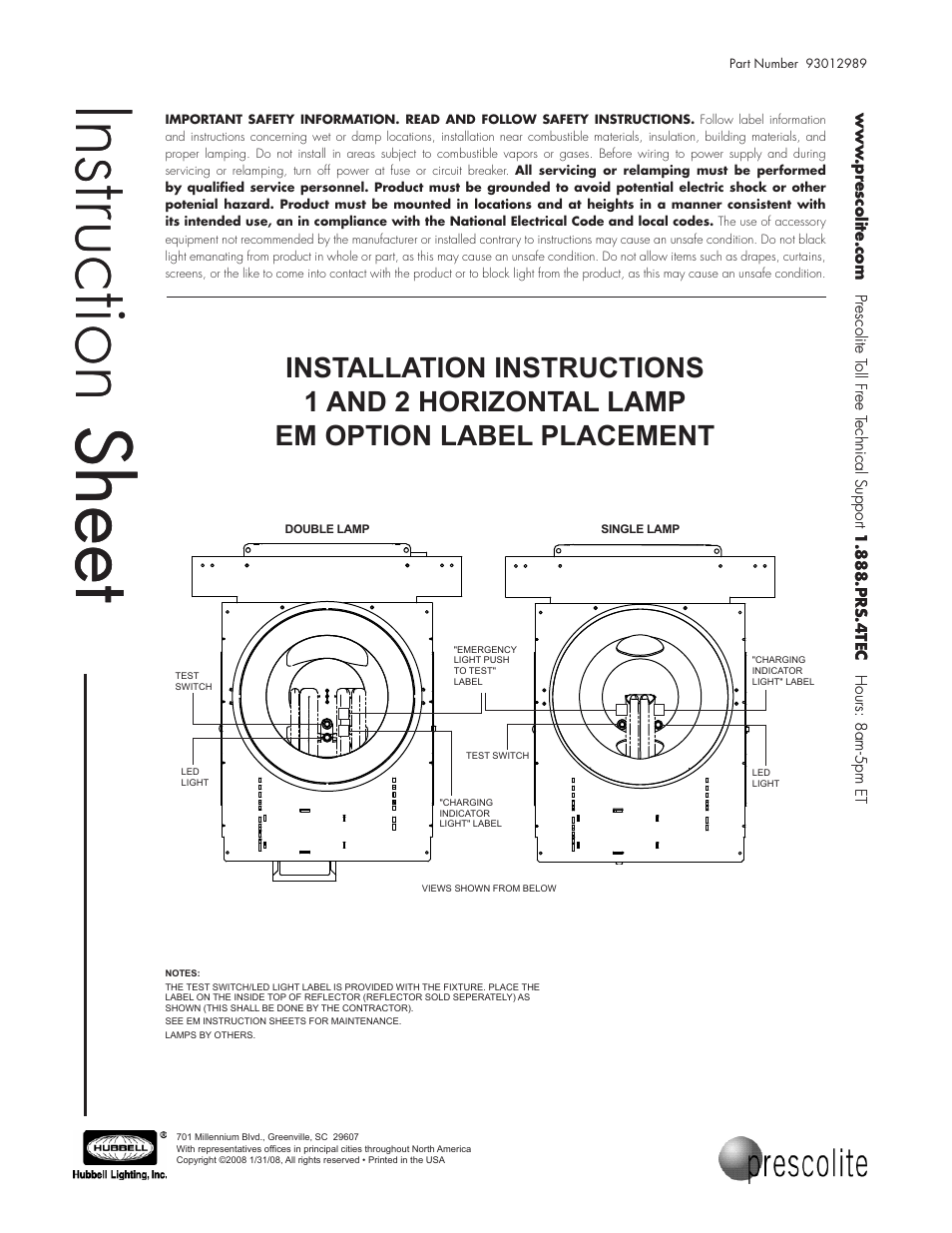 Prescolite EM Horizontal User Manual | 1 page