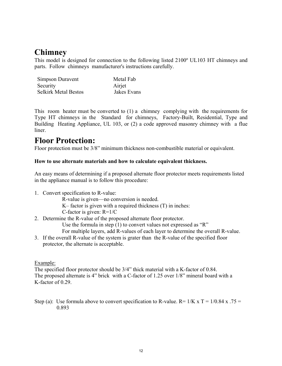 Chimney, Floor protection | New Buck Corporation 74 User Manual | Page 14 / 37