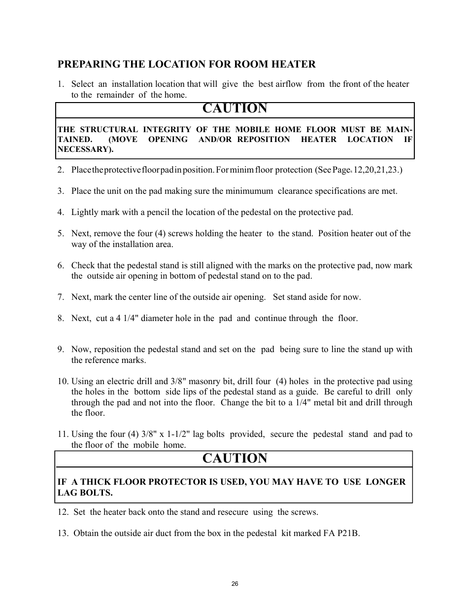 Caution, Preparing the location for room heater | New Buck Corporation 74 User Manual | Page 28 / 37