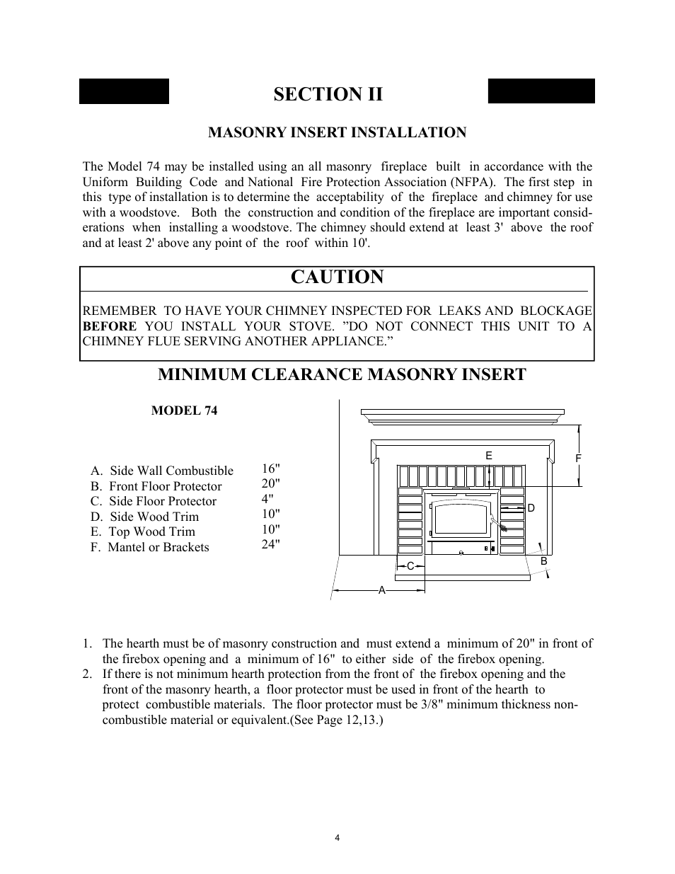 Caution, Minimum clearance masonry insert | New Buck Corporation 74 User Manual | Page 6 / 37