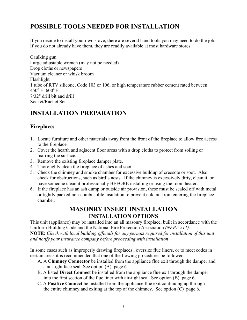 Possible tools needed for installation, Installation preparation, Masonry insert installation | New Buck Corporation 74 User Manual | Page 7 / 37