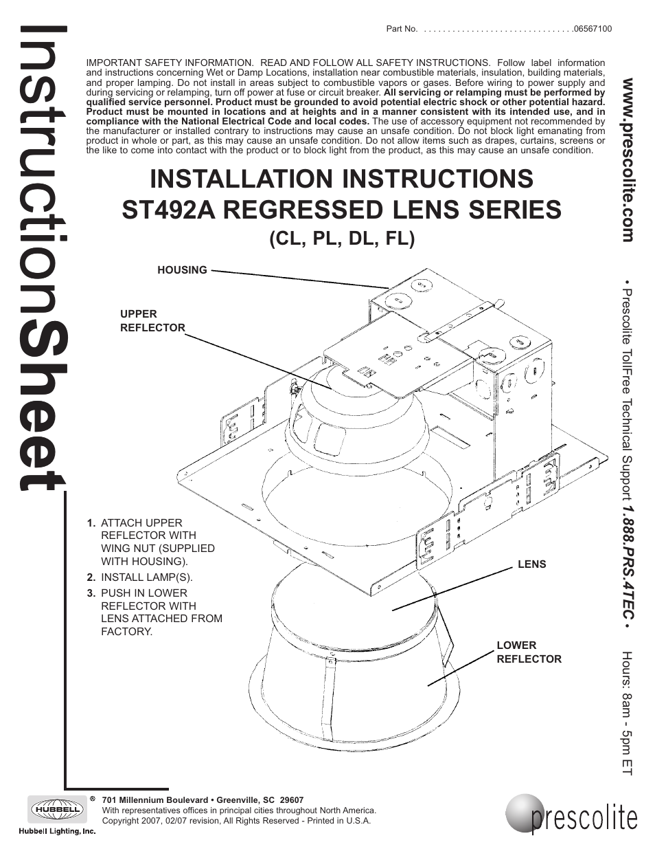 Prescolite ST492A Regressed Lens Series (CL, PL, DL, FL) User Manual | 1 page