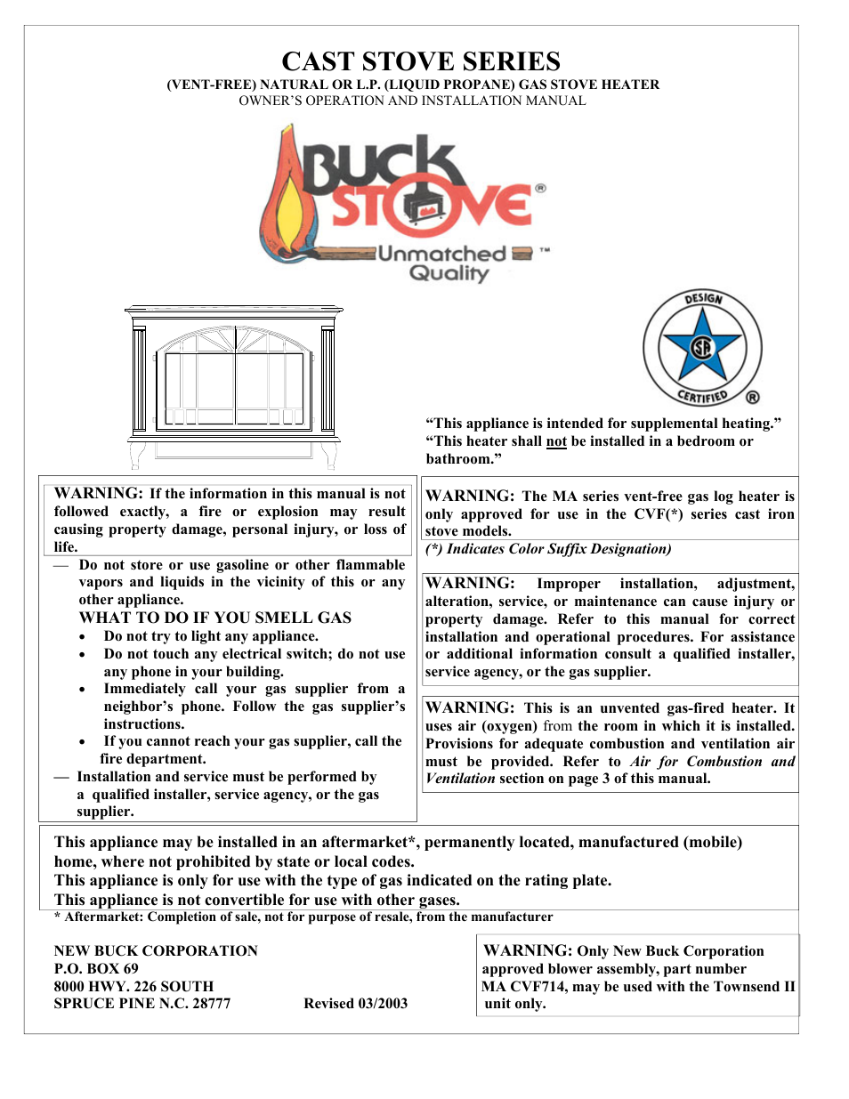 New Buck Corporation GAS STOVE HEATER User Manual | 38 pages