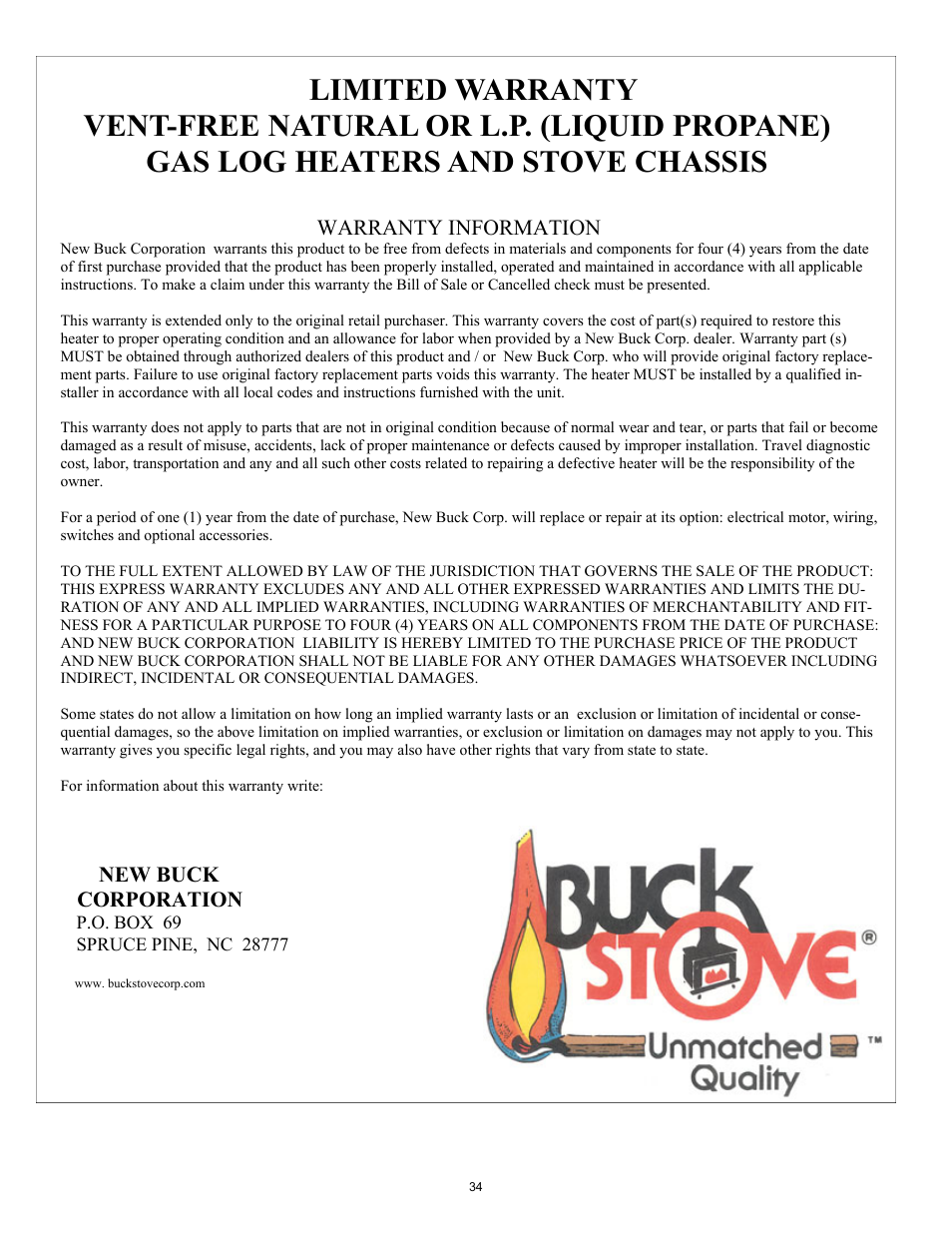 New Buck Corporation GAS STOVE HEATER User Manual | Page 38 / 38