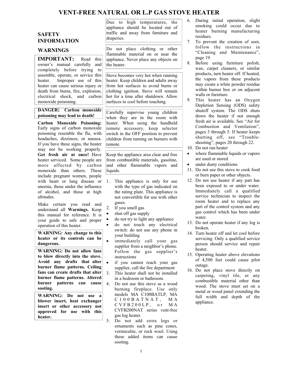 Vent-free natural or l.p gas stove heater, Safety information, Warnings | Important | New Buck Corporation GAS STOVE HEATER User Manual | Page 5 / 38